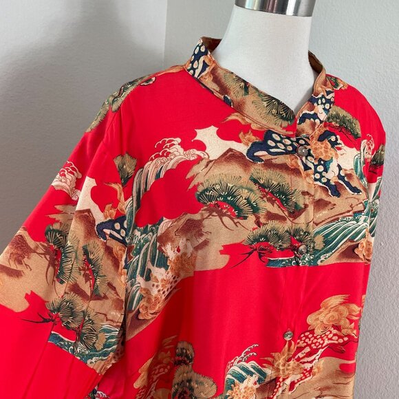 Citron Santa Monica Womens Plus 2X Mandarin Collar Asian Print Tunic Top Blosue - Picture 2 of 12